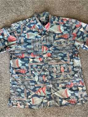 reyn spooner Navy Button-Up with Teal & Coral Tropical Village Fish Print